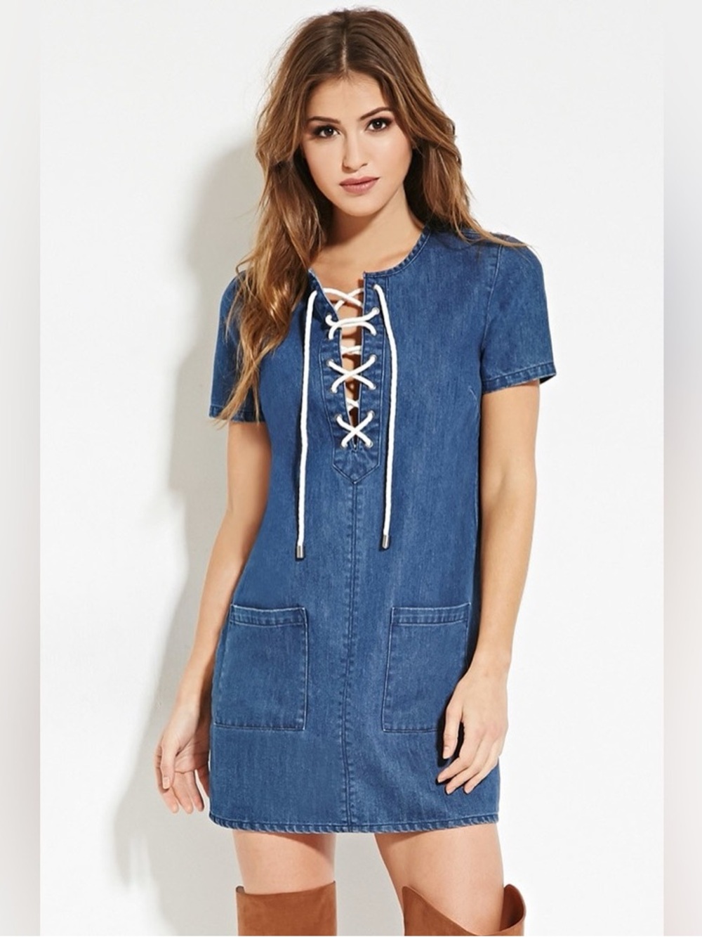 Forever 21 19” PTP Denim Short Sleeve Dress w. Lace-Up Neck, Blue, Size Large.
